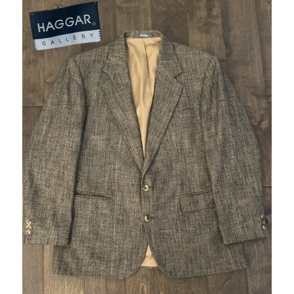 Haggar Gallery Mens Wool Blend Beige Tweed Blazer Jacket Made In USA Size 44R‎